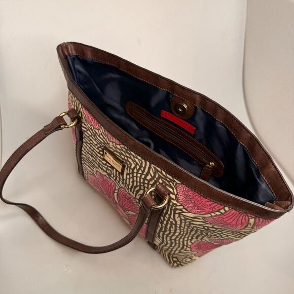 Tommy Hilfiger Pink Floral Canvas Tote Bag Brown Leather Accents 17"x10"x5" EUC - Picture 8 of 16